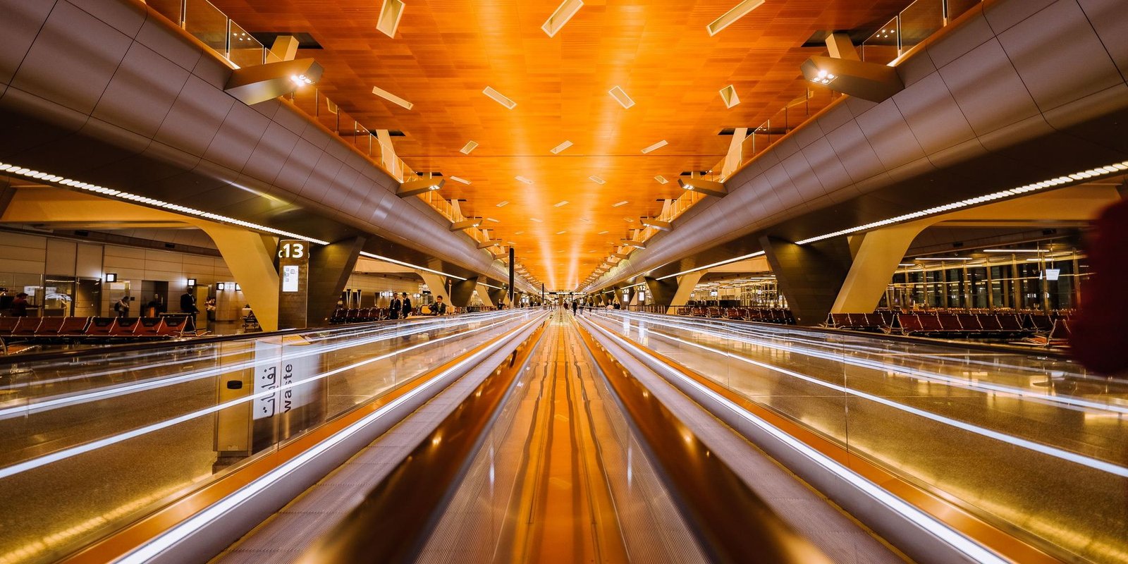 A long exposure of an airport travelator