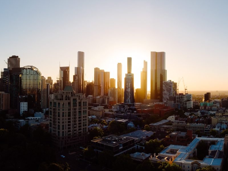 The Melbourne city skyline at golden hour