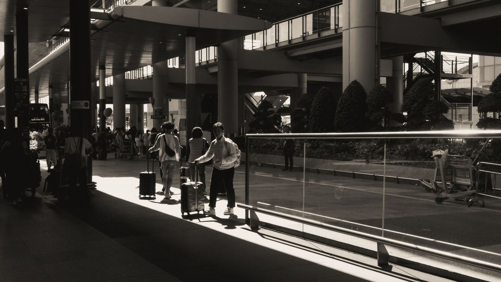 Travellers with luggage crossing a sunlit terminal